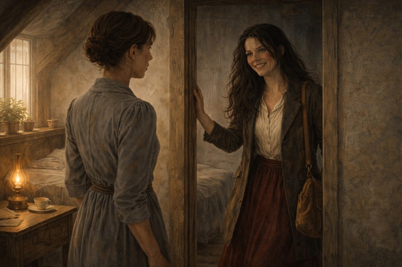 Ruhiges Portr&auml;t einer Frau mittleren Alters vor einer nordischen K&uuml;stenlandschaft